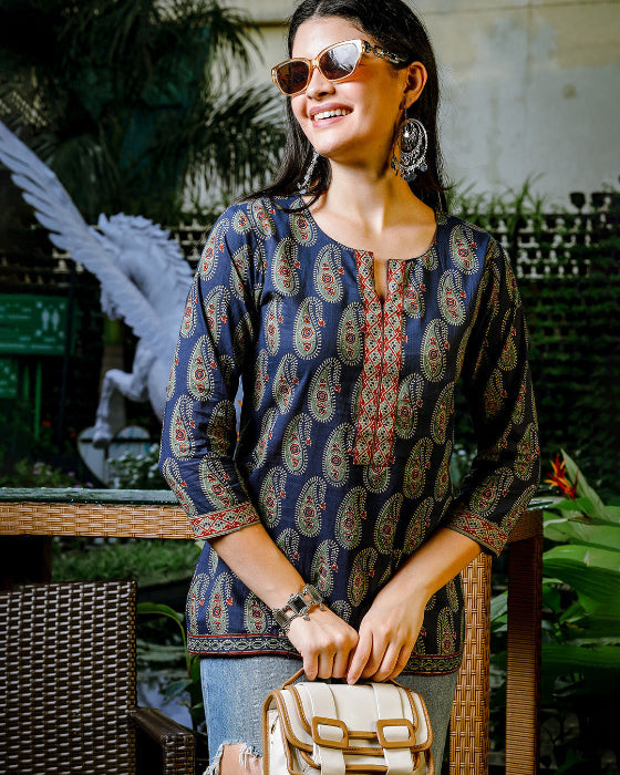 Blue Cotton Paisley Ajrak Print Top