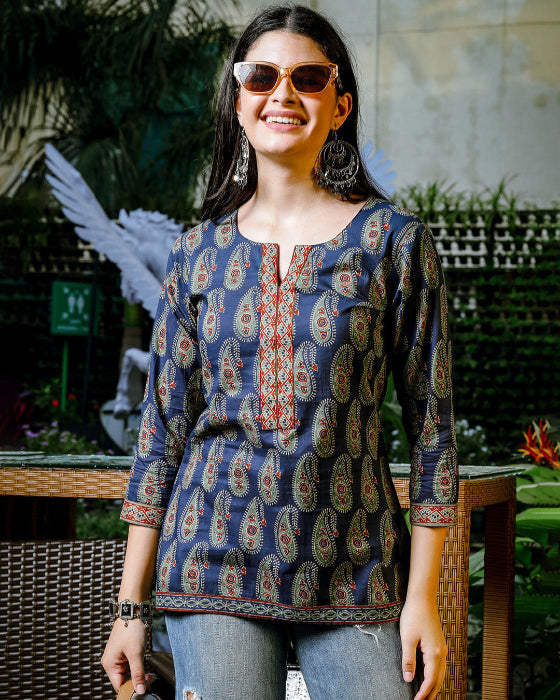 Blue Cotton Paisley Ajrak Print Top