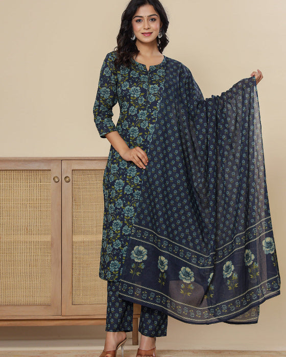 Red Digital Print Cotton 3 Pcs Suit