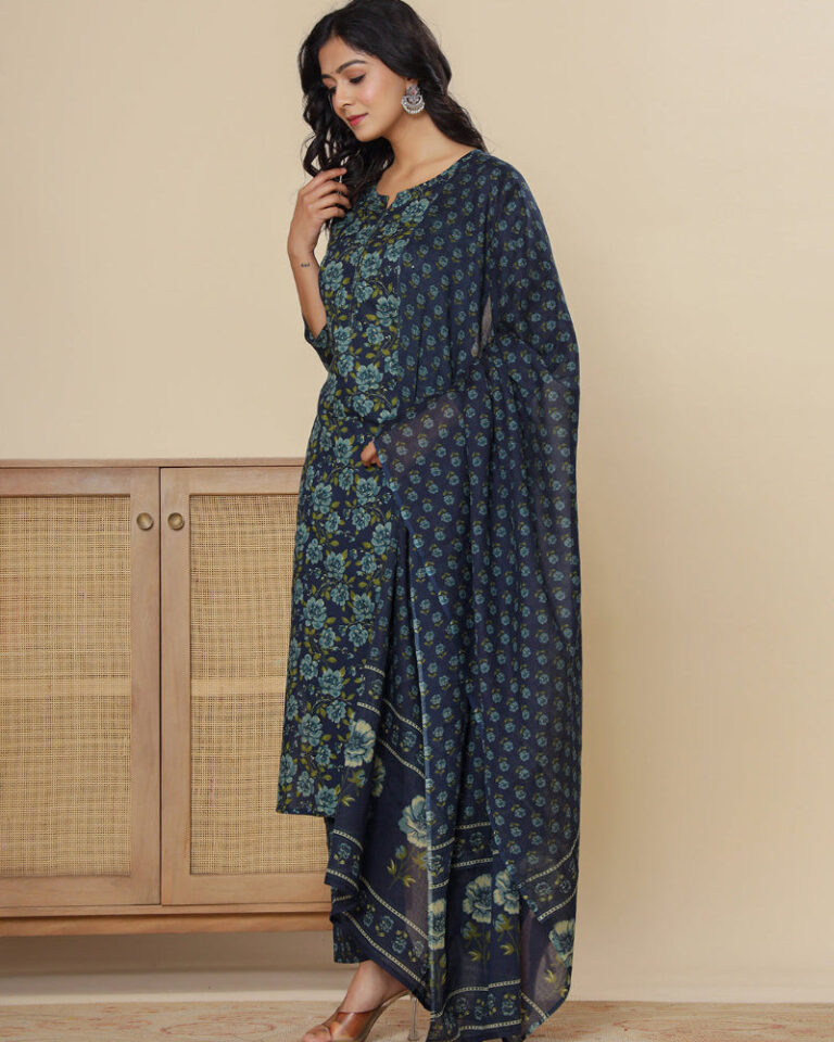 Blue Digital Print Cotton 3 Pcs Suit