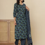 Blue Digital Print Cotton 3 Pcs Suit