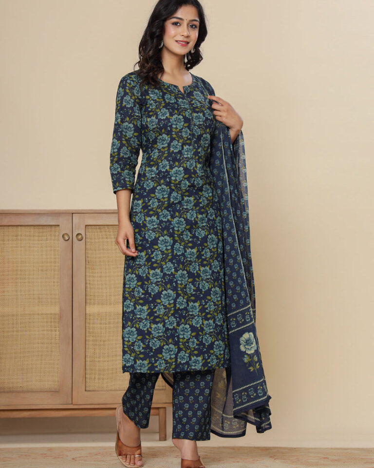 Blue Digital Print Cotton 3 Pcs Suit