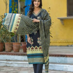 Blue Digital Print V Neck 3 Pcs Suit