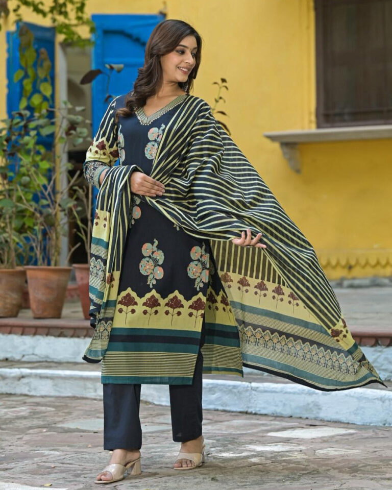 Blue Digital Print V Neck 3 Pcs Suit