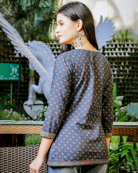 Blue Floral Ajrak Print Top