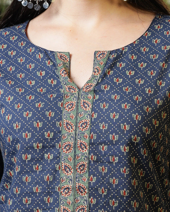 Blue Floral Ajrak Print Top
