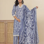 Blue Floral Print V Neck 3 Pcs Suit