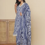 Blue Floral Print V Neck 3 Pcs Suit