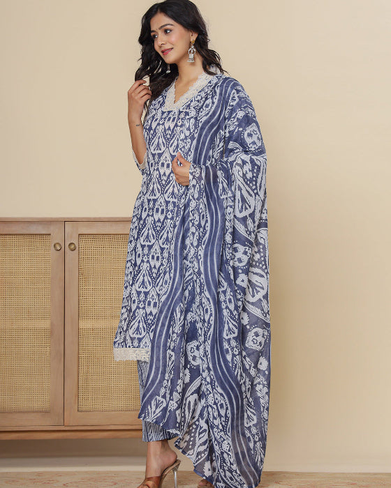 Blue Floral Print V Neck 3 Pcs Suit