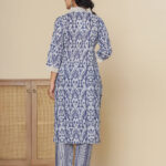 Blue Floral Print V Neck 3 Pcs Suit