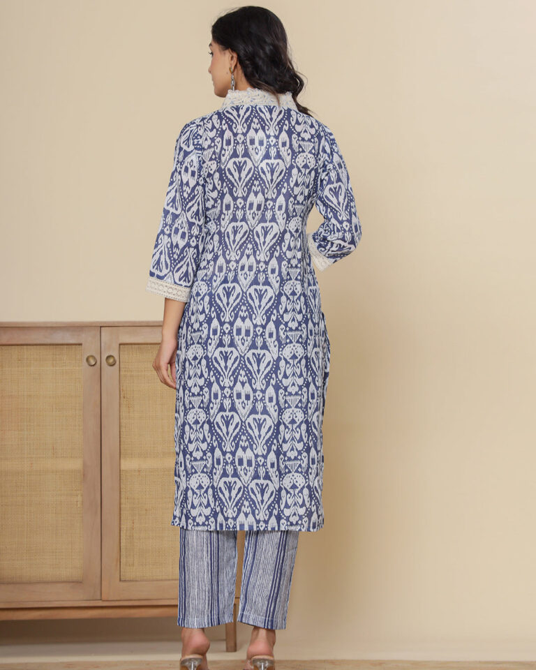 Blue Floral Print V Neck 3 Pcs Suit