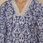 Blue Floral Print V Neck 3 Pcs Suit