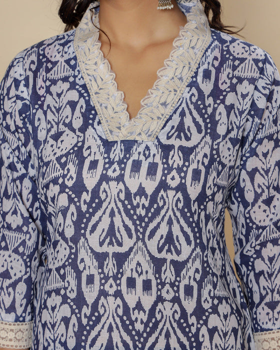 Blue Floral Print V Neck 3 Pcs Suit