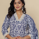 Blue Floral Print V Neck 3 Pcs Suit