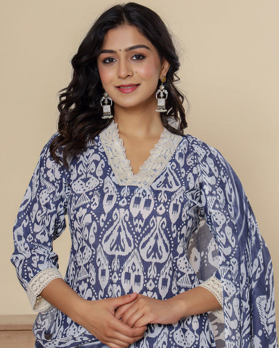 Blue Floral Print V Neck 3 Pcs Suit