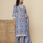 Blue Floral Print V Neck 3 Pcs Suit