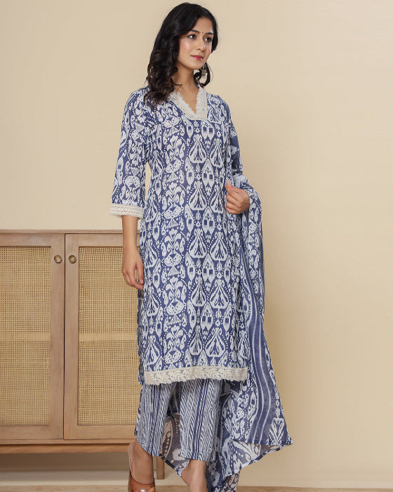 Blue Floral Print V Neck 3 Pcs Suit