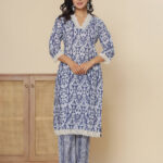 Blue Floral Print V Neck 3 Pcs Suit