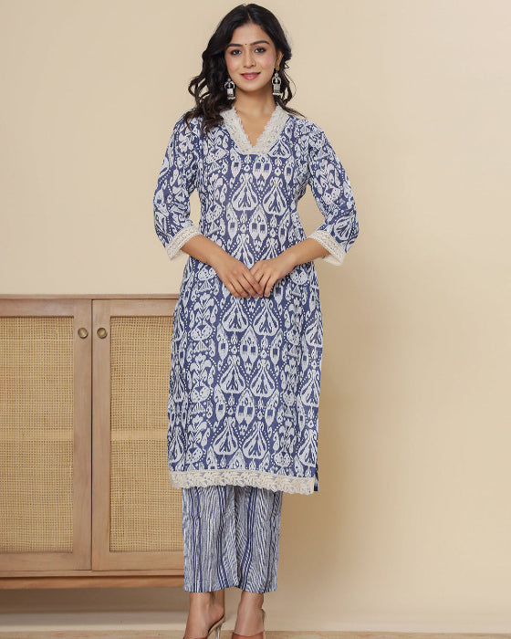 Blue Floral Print V Neck 3 Pcs Suit