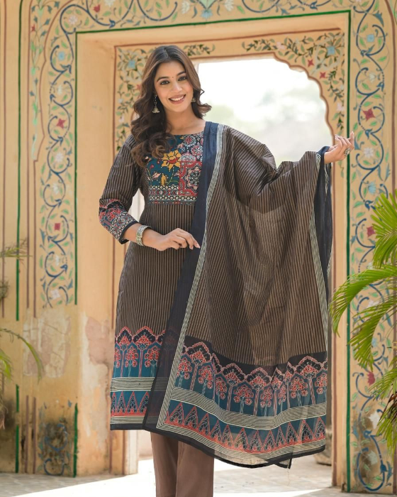 Brown Ajrak Print 3 Pcs Suit