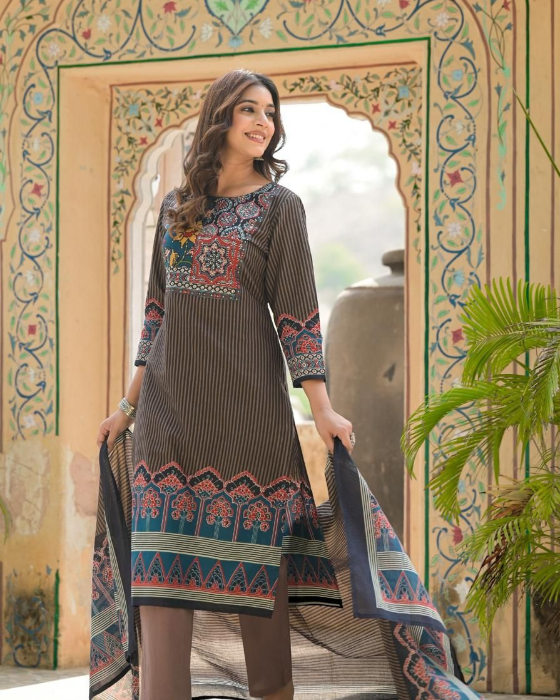 Brown Ajrak Print 3 Pcs Suit