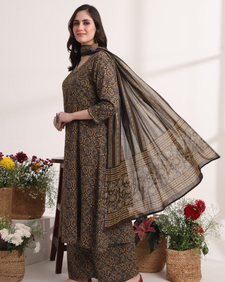 Brown_Anarkali_Ajrak_Print_Kurta_Set_1 Brown anarkali printed kurta set- trooking