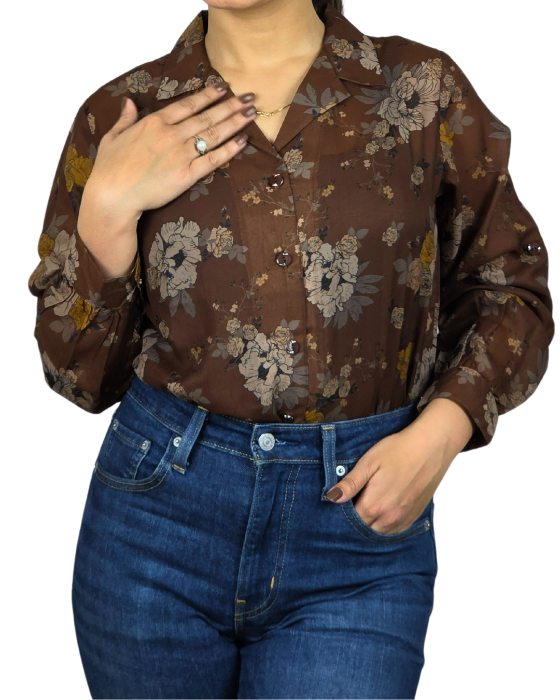 Brown_Floral_Print_Victoria_Shirt_With_Spaghetti Brown Floral Print Victoria Shirt With Spaghetti