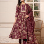 Burgundy Anarkali 3 Pcs suit With Matching Sequence Embroidery