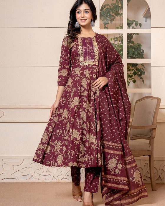 Burgundy Anarkali 3 Pcs suit With Matching Sequence Embroidery