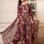 Burgundy Anarkali 3 Pcs suit With Matching Sequence Embroidery