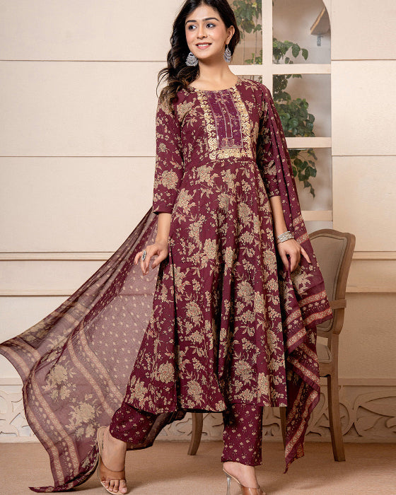 Burgundy Anarkali 3 Pcs suit With Matching Sequence Embroidery