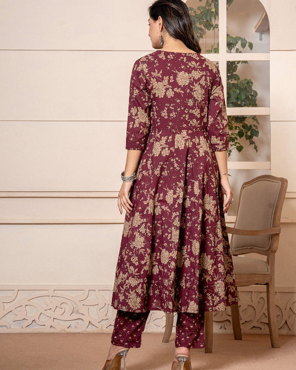 Burgundy Anarkali 3 Pcs suit With Matching Sequence Embroidery