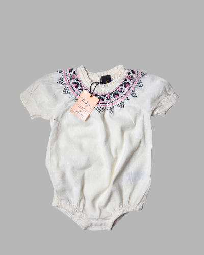 Cream Cotton Dobby Embroidered Romper For Toddler