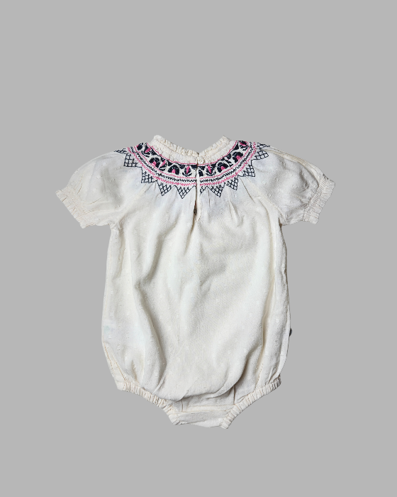 Cream Cotton Dobby Embroidered Romper For Toddler