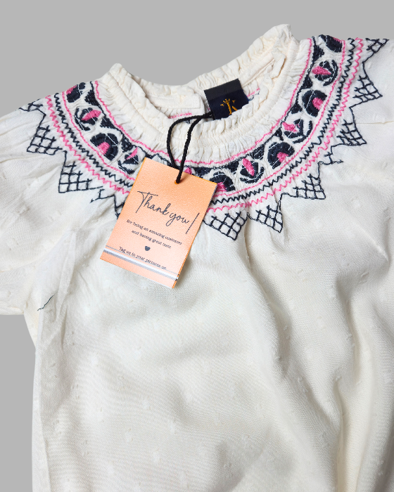 Cream Cotton Dobby Embroidered Romper For Toddler