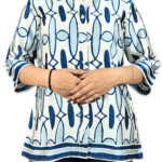 Cream with Blue Geometric Print Top