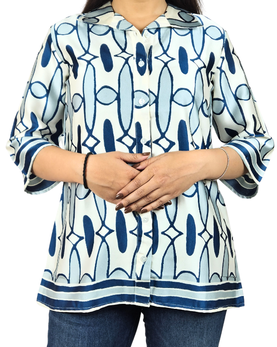 Cream with Blue Geometric Print Top