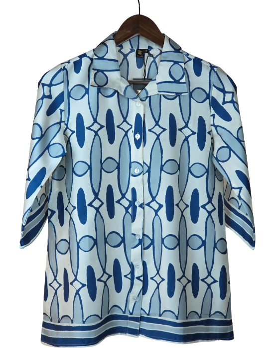 Cream with Blue Geometric Print Top