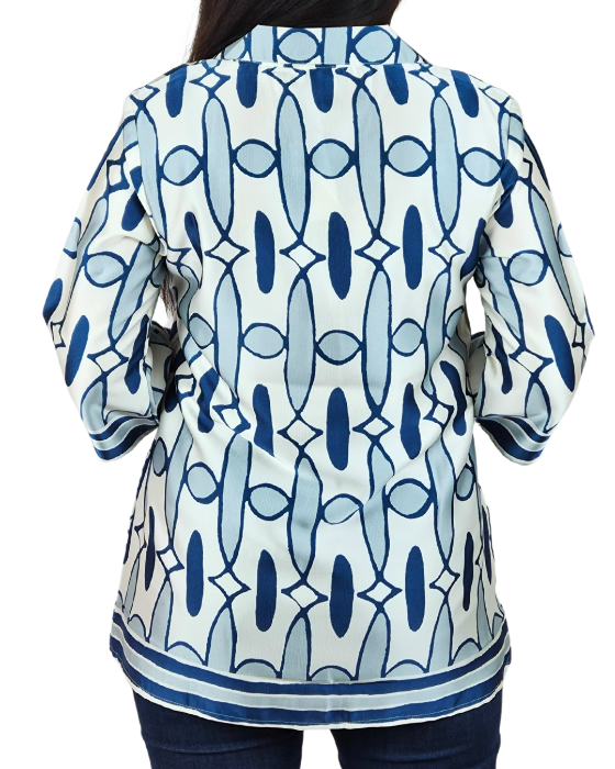 Cream with Blue Geometric Print Top
