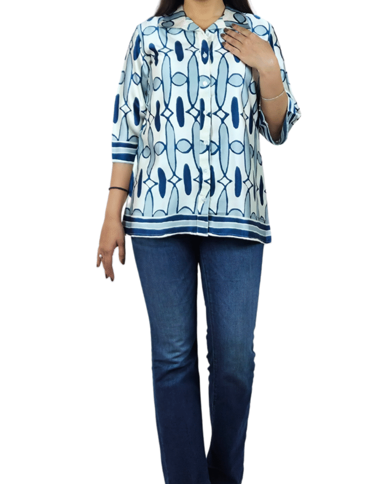 Cream with Blue Geometric Print Top