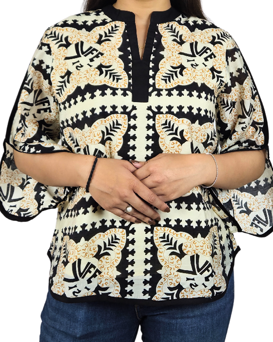 Cream with black and Golden Floral Print Top