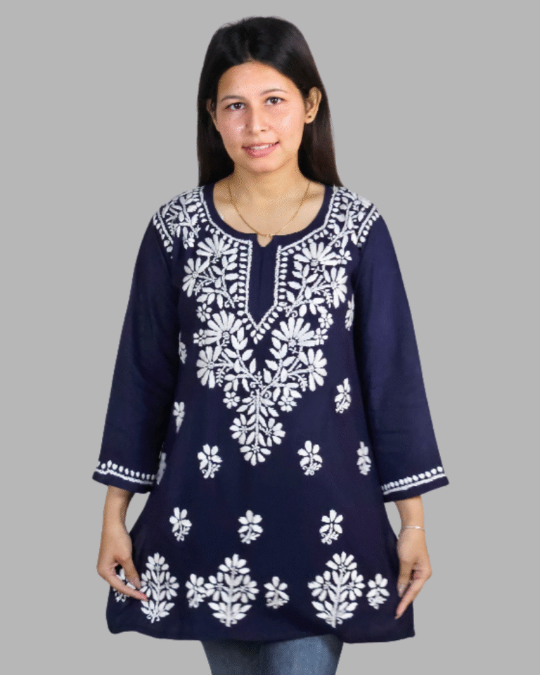 Dark Blue Plain Chikankari Short Kurti