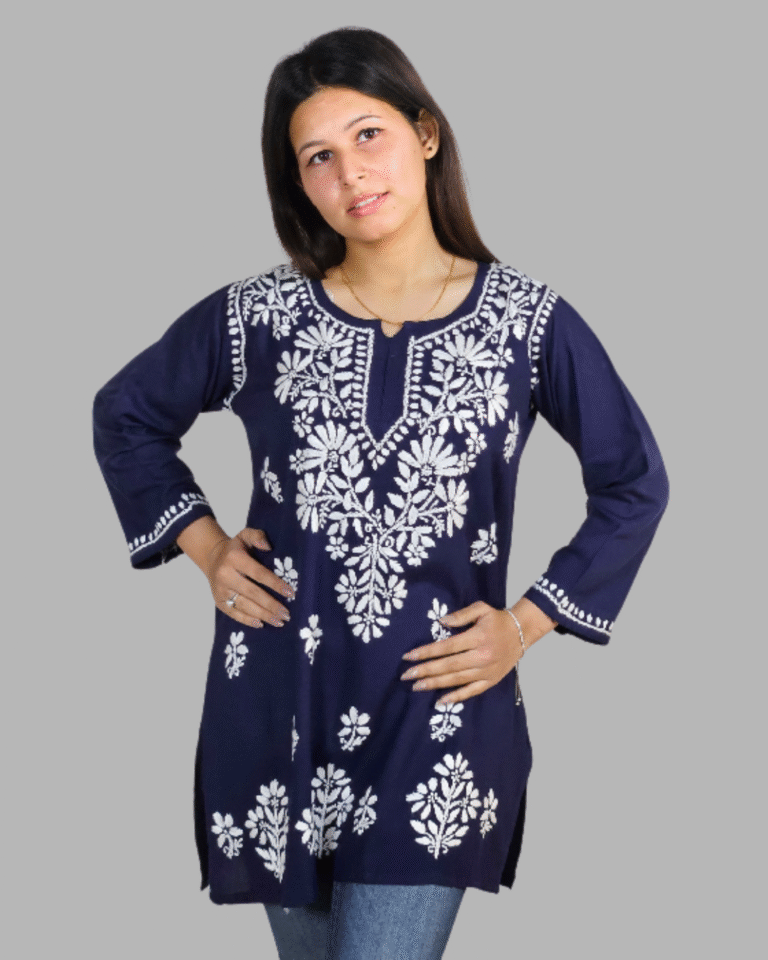 Dark Blue Plain Chikankari Short Kurti