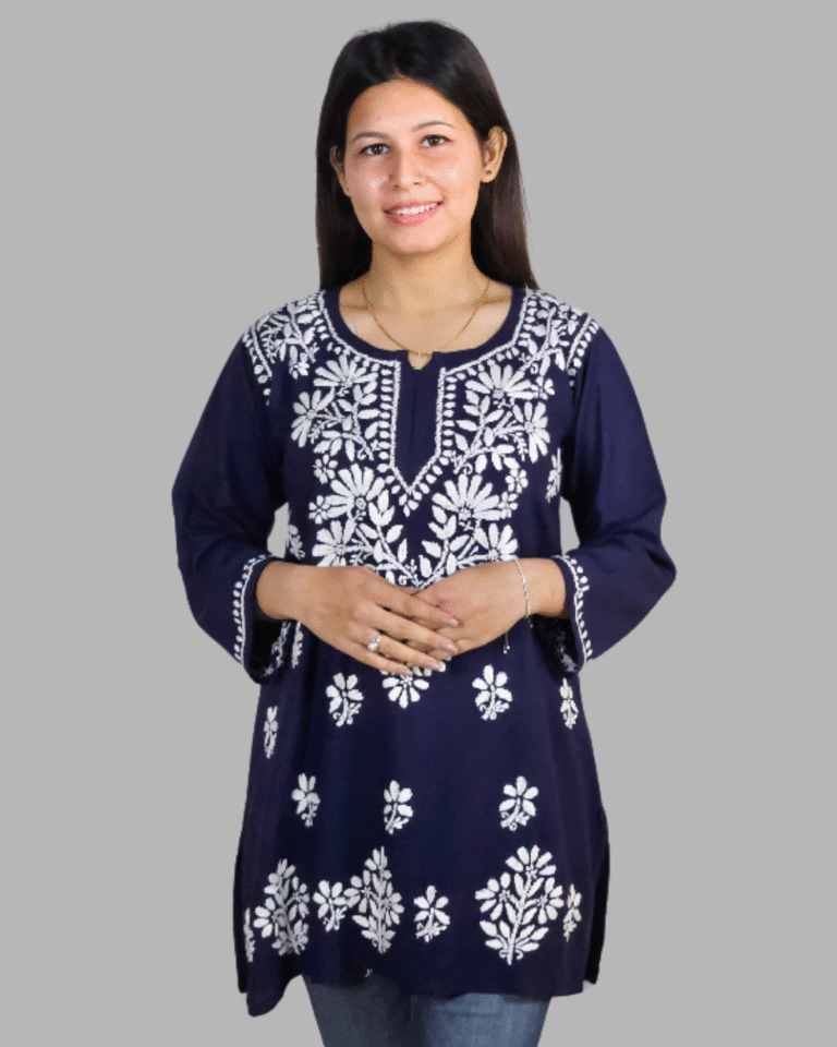 Dark Blue Plain Chikankari Short Kurti