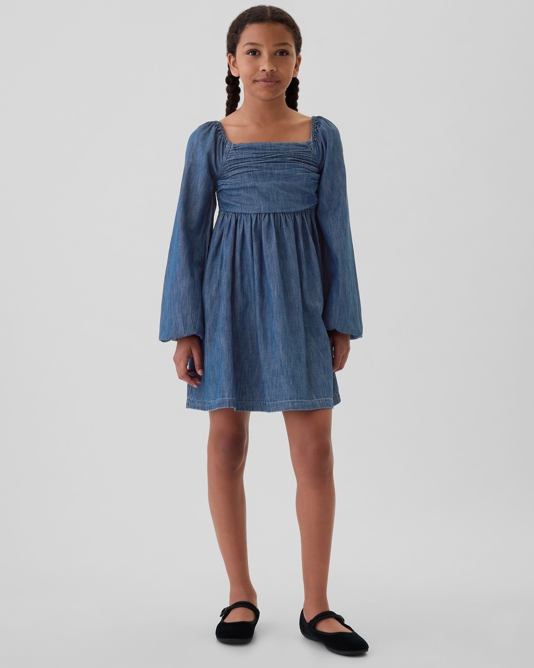 kid's Blue Denim full Sleeve Tiered Dress
