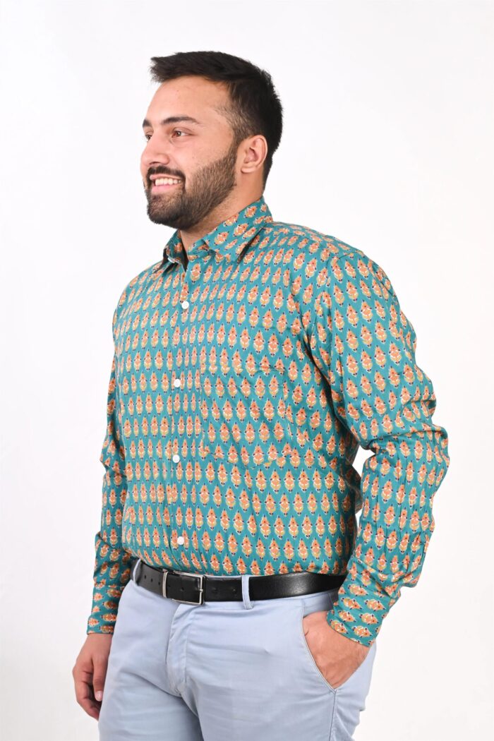 Sea Green Jaipuri Full Sleeve Printed Shirt for Men