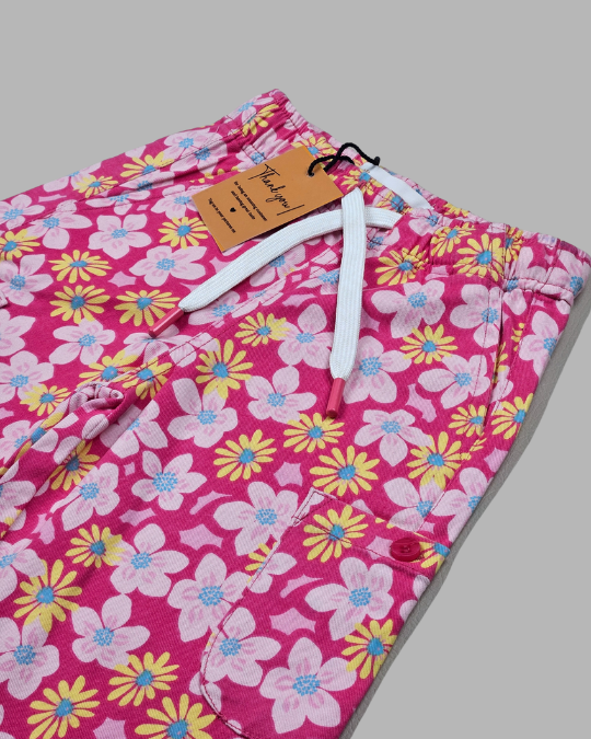 Girl's Hot Pink Floral Elasticated Cotton Pants