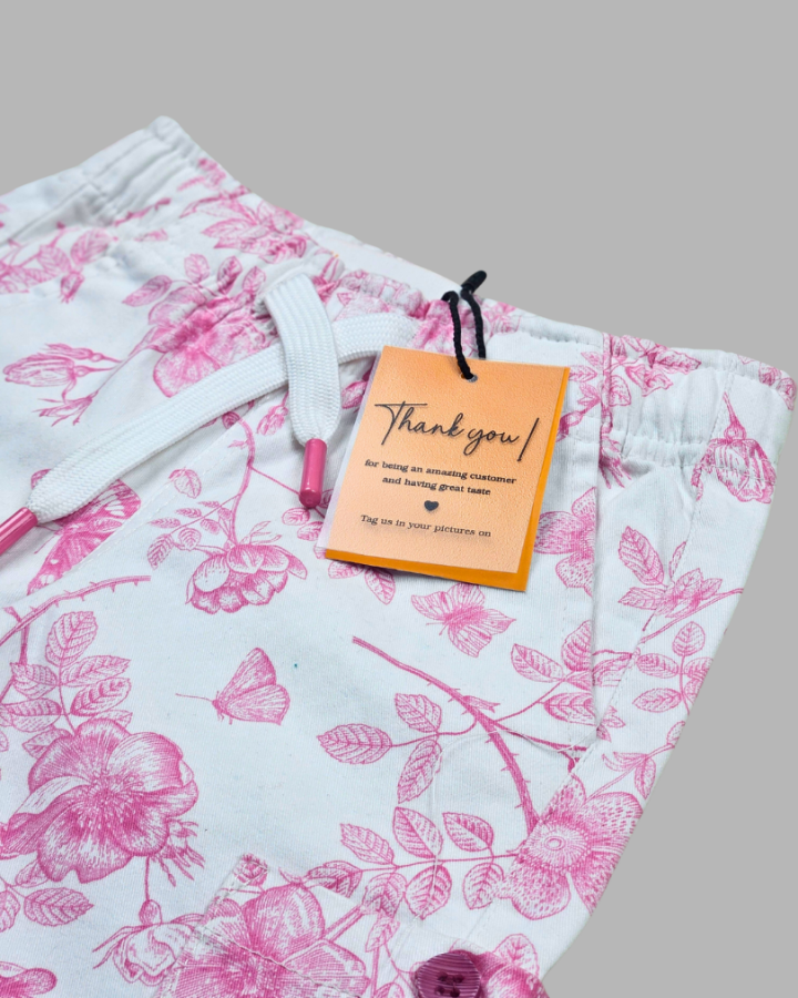 Girl's White  Floral Elasticated Cotton Pants