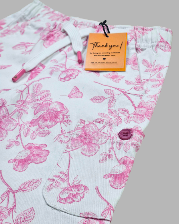 Girl's White  Floral Elasticated Cotton Pants