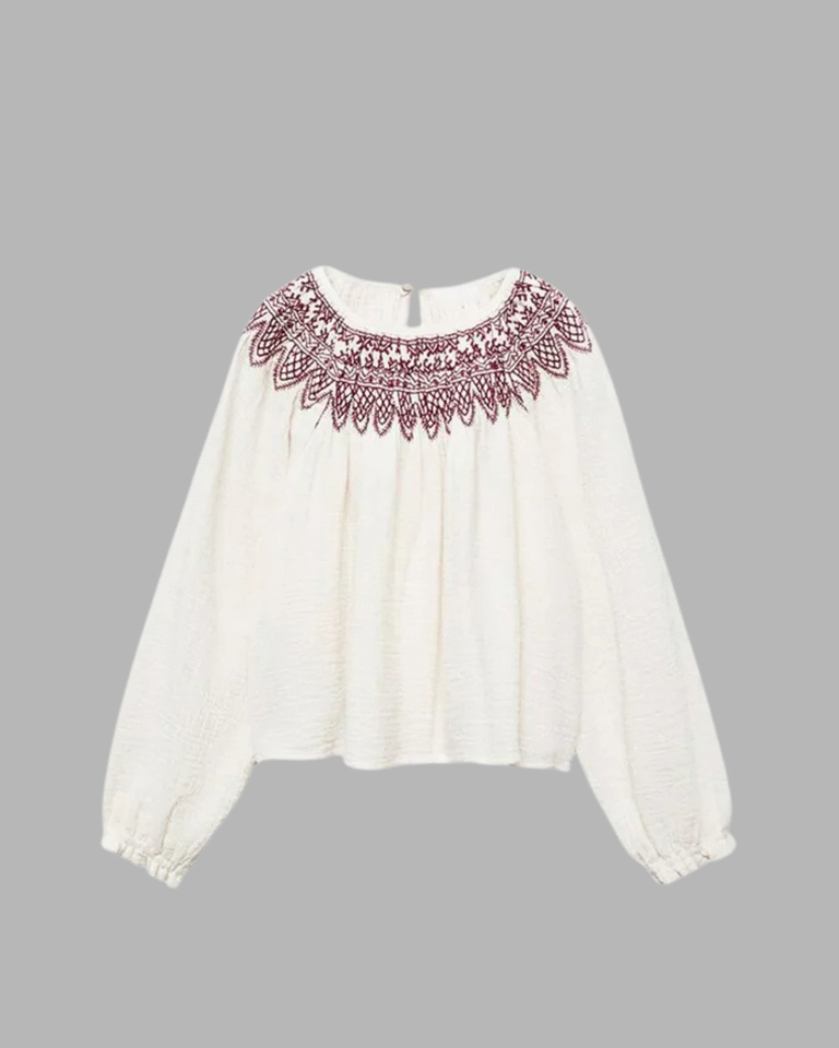 Girl's White With Maroon Embroidered Top